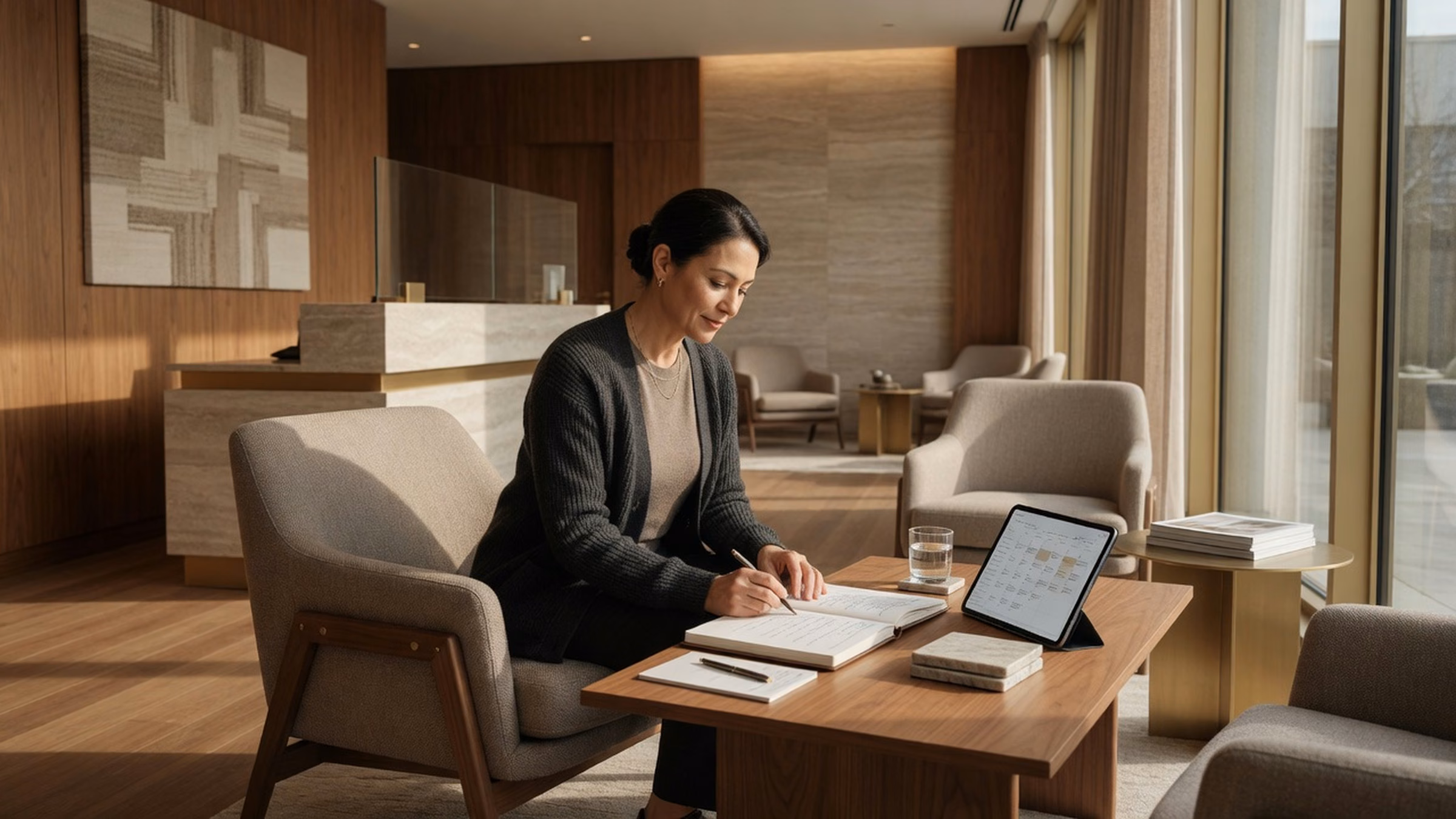 Photorealistic generated hero, warm beaver-taupe grade: mid-century salon/spa reception with walnut, stone, and brass; salon owner seated in beaver-taupe chair reviewing a daybook; life-sized tablet with sharp illegible booking UI
